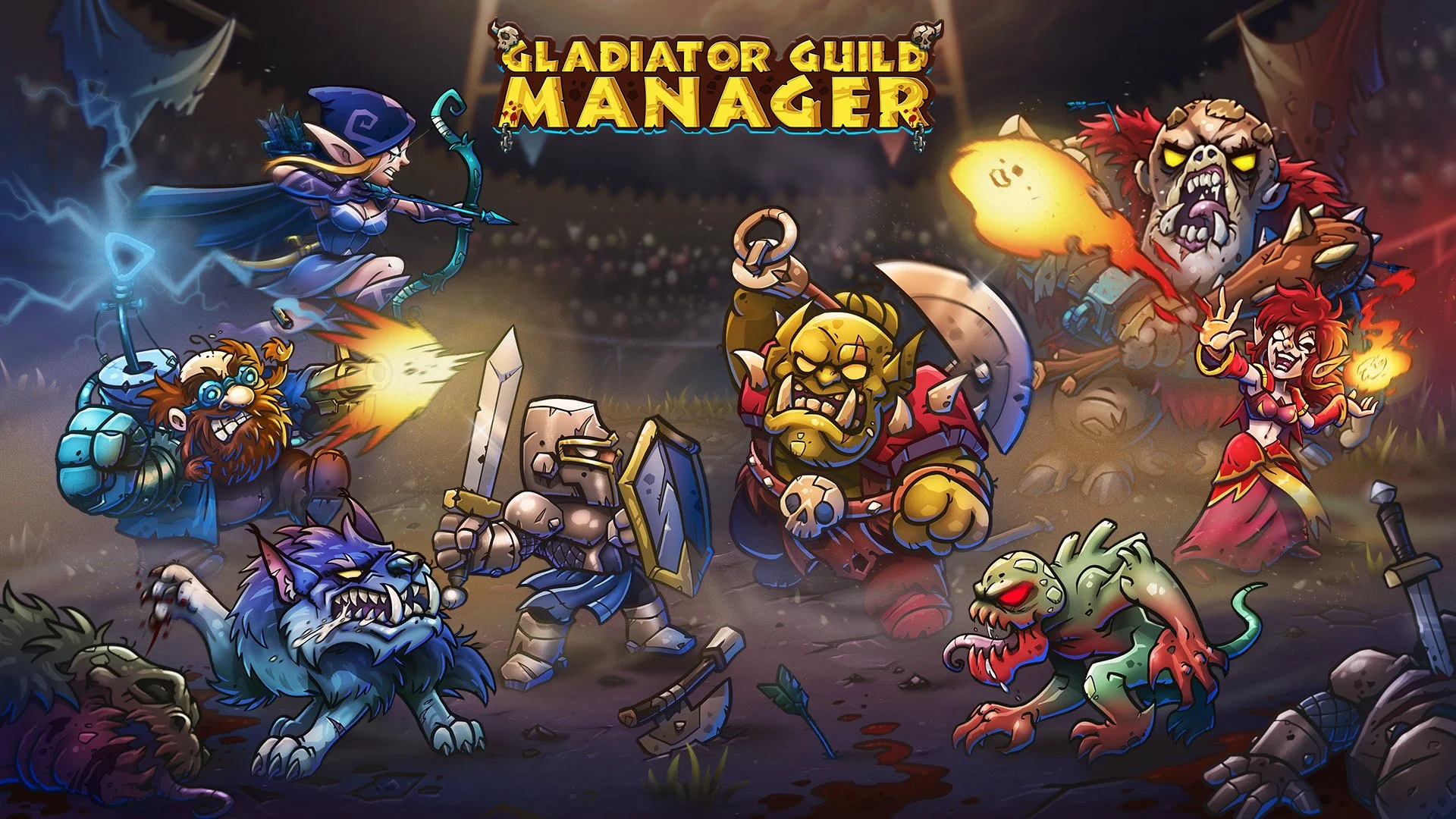 Gladiator Guild Manager key art: a chaotic fantasy arena battle between orcs, knights, elves and beasts.