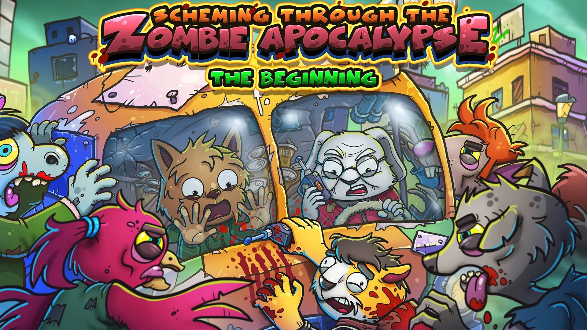 Scheming Through The Zombie Apocalypse: The Beginning key art with Hank the rabbit and Larry the dog surrounded by zombie animals.