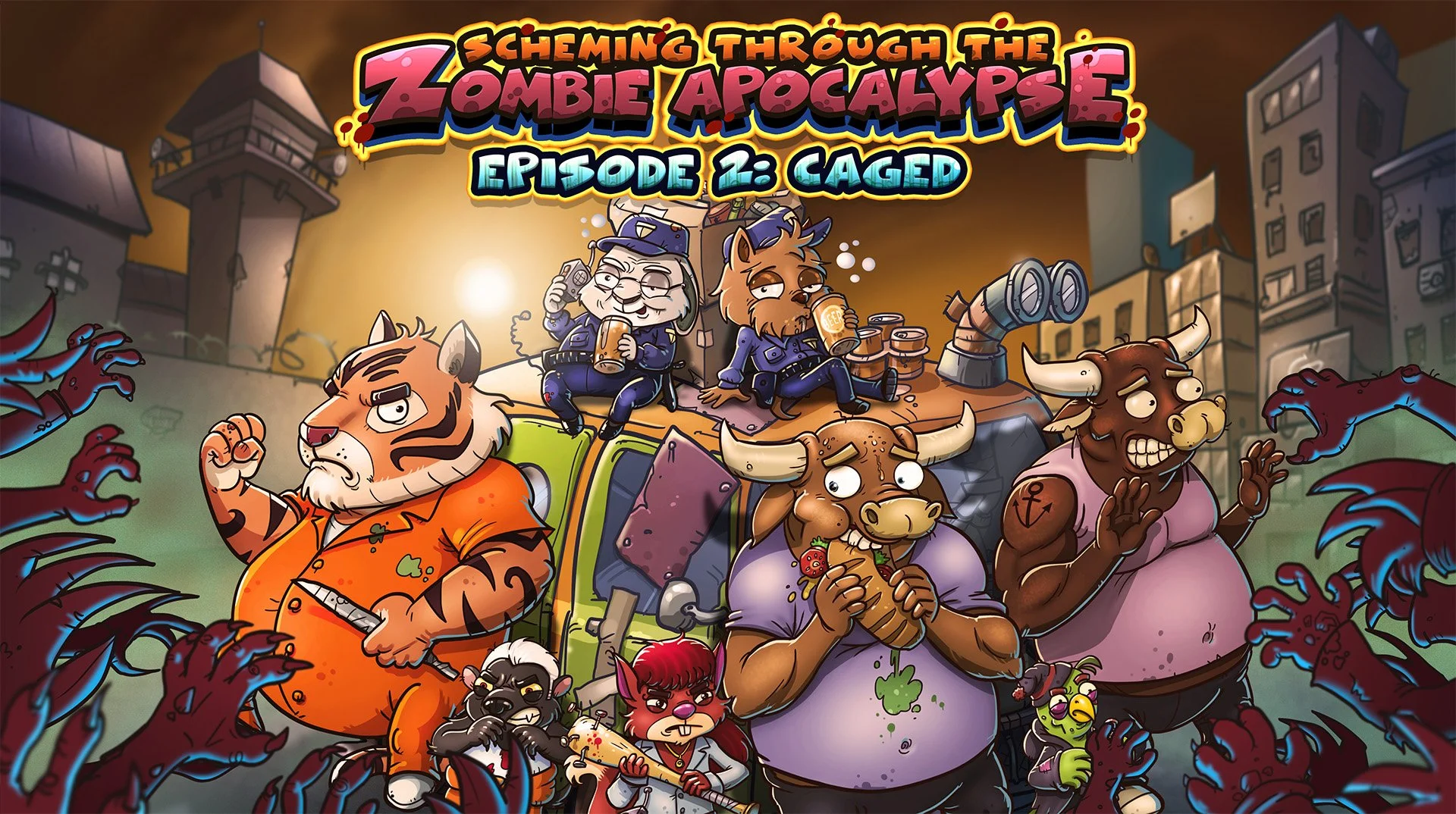 Scheming Through The Zombie Apocalypse Episode 2: Caged key art with a tiger, bulls and a prison van surrounded by zombies.